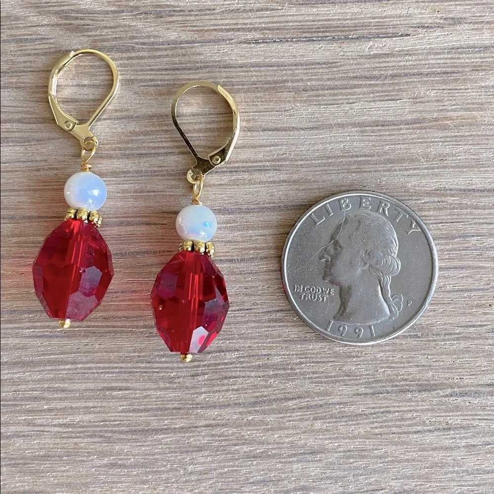 HAND CRAFTED DROP EARRINGS Faceted Red Gold White Faux Pearls Holiday Christmas